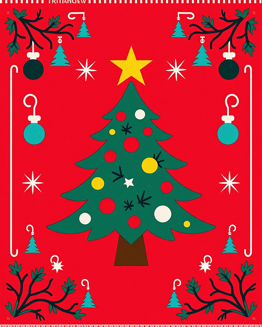 Festive Red Christmas Tree Ornaments Rug