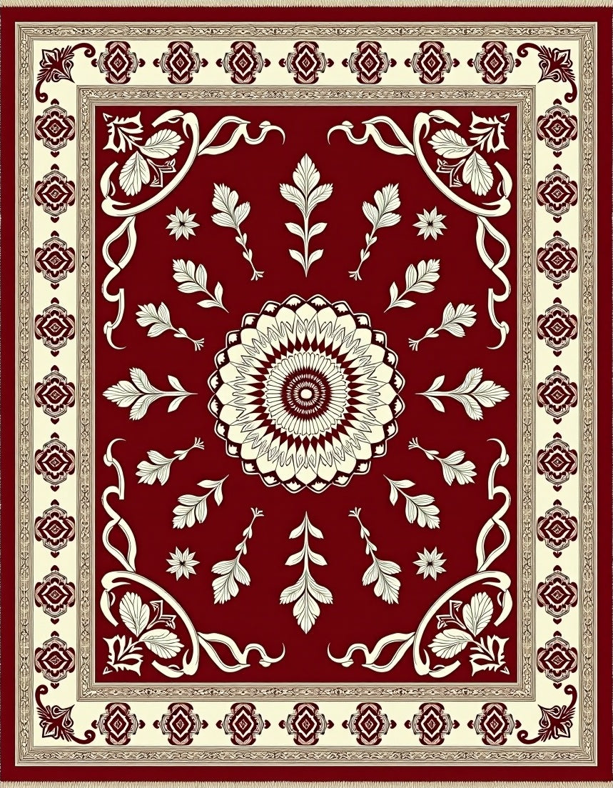 Rich Red Cream Floral Medallion Rug
