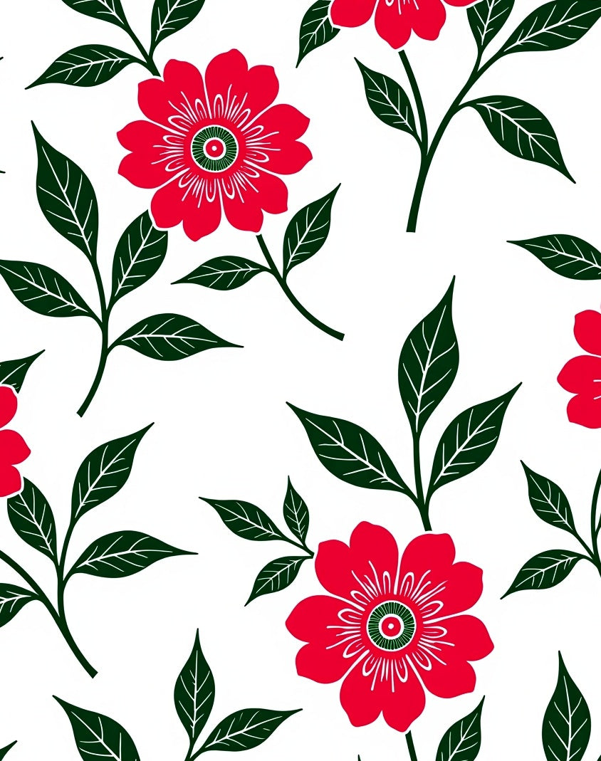 Vivid Red Floral Leaf Artwork Rug