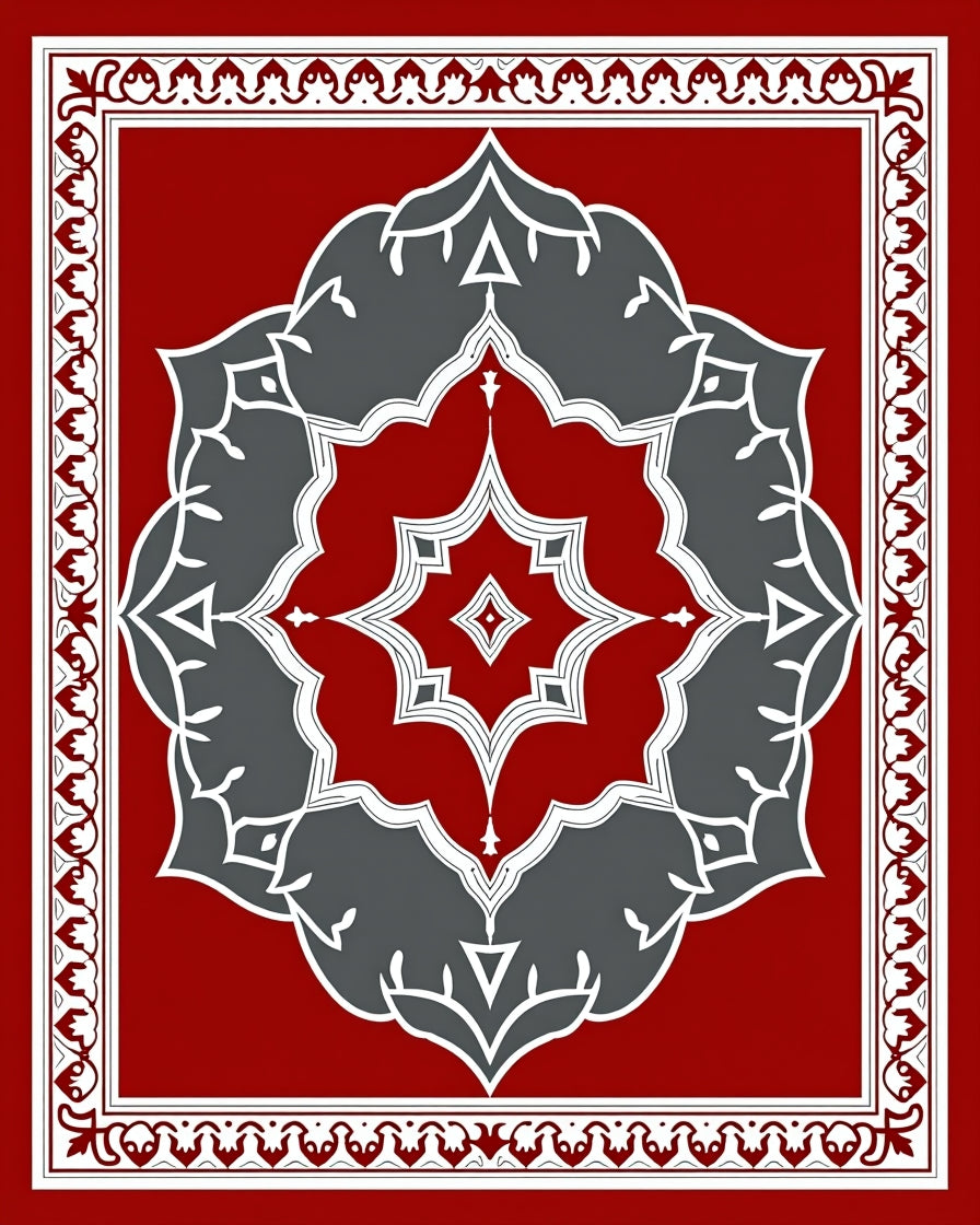 Crimson and Gray Floral Medallion Border Rug
