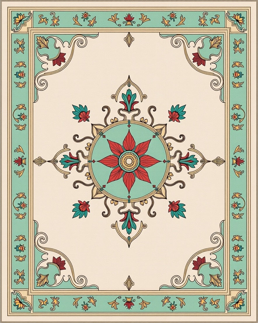 Elegant Teal Red Floral Medallion Rug