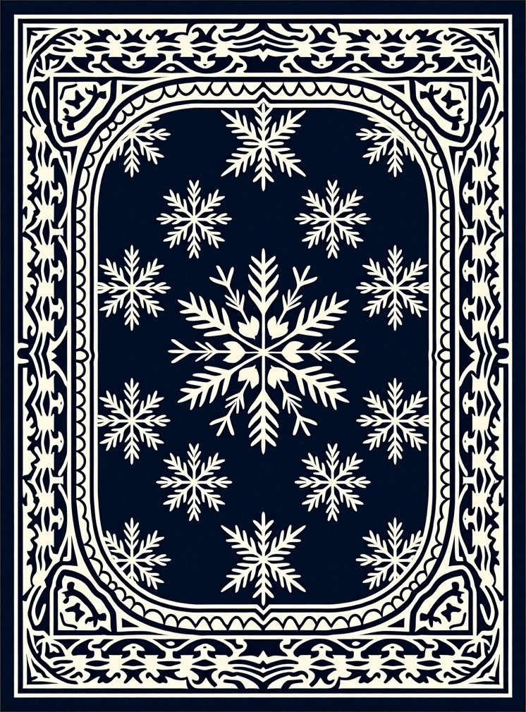Dark Blue Snowflake Bordered Rug