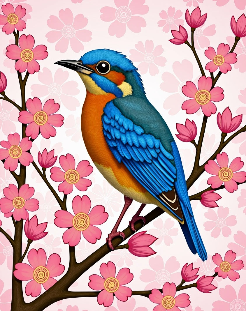 Vibrant Blue Bird Cherry Blossom Rug