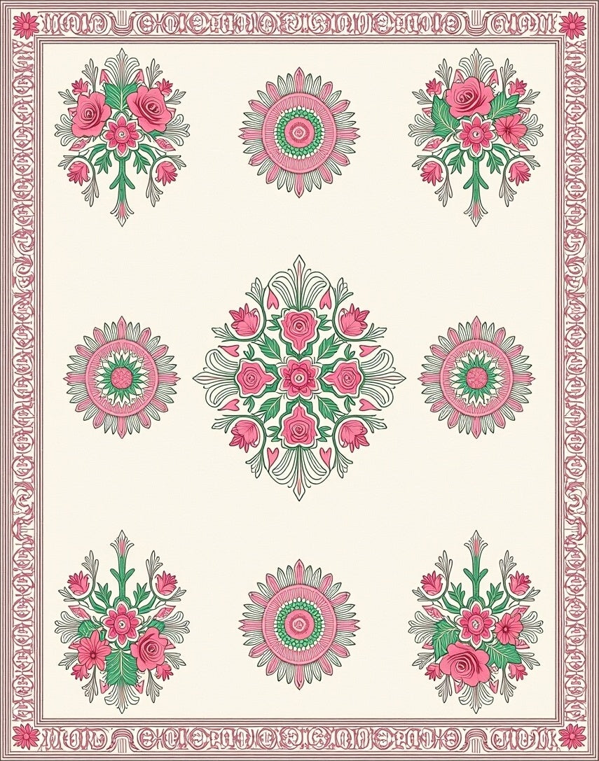 Pink Floral Bouquet and Rosette Arrangement Rug