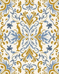 Ornate Blue Golden Floral Scroll Rug