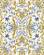 Ornate Blue Golden Floral Scroll Rug