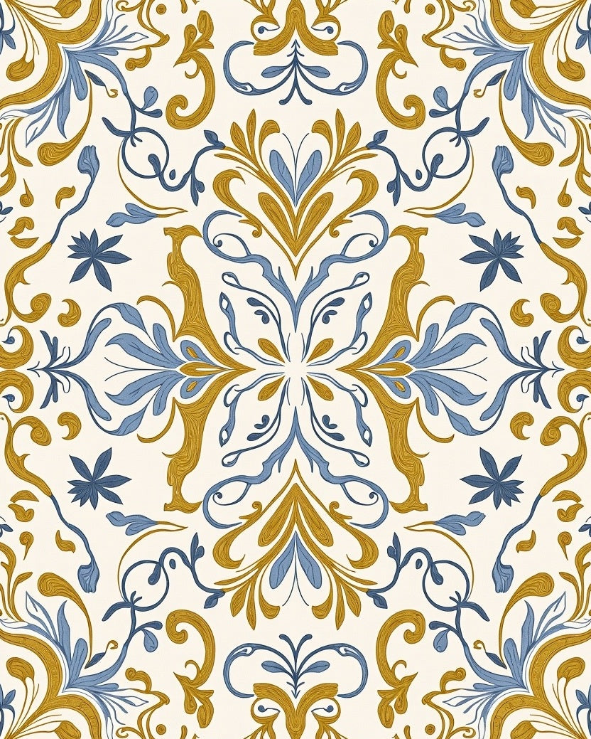 Ornate Blue Golden Floral Scroll Rug