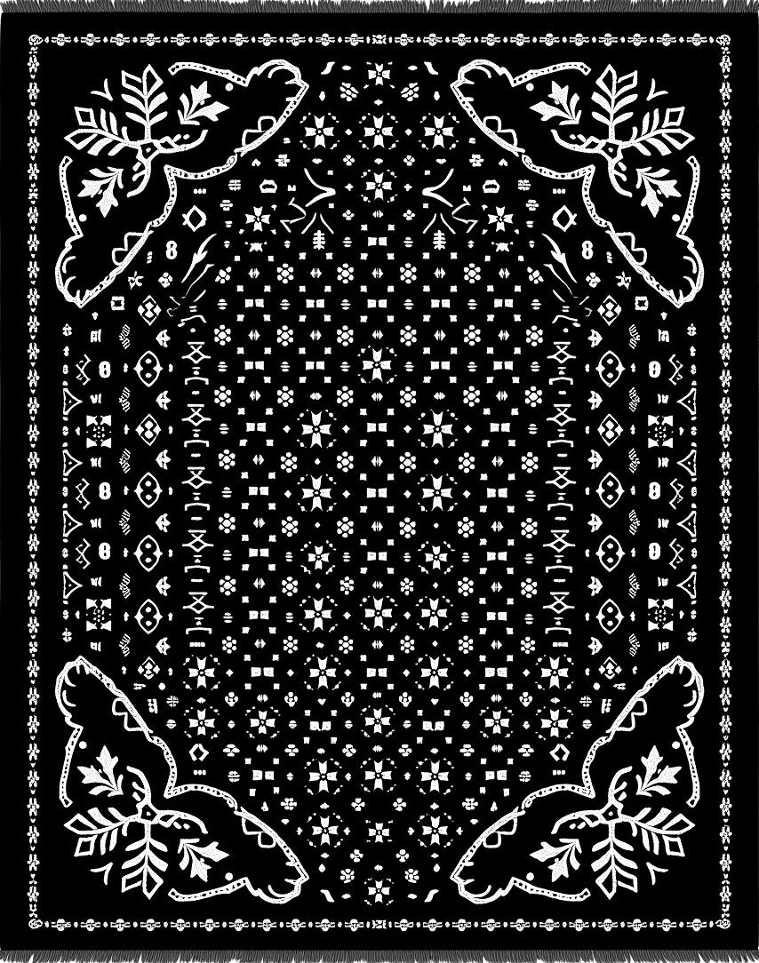 Black White Folk Floral Geometric Rug