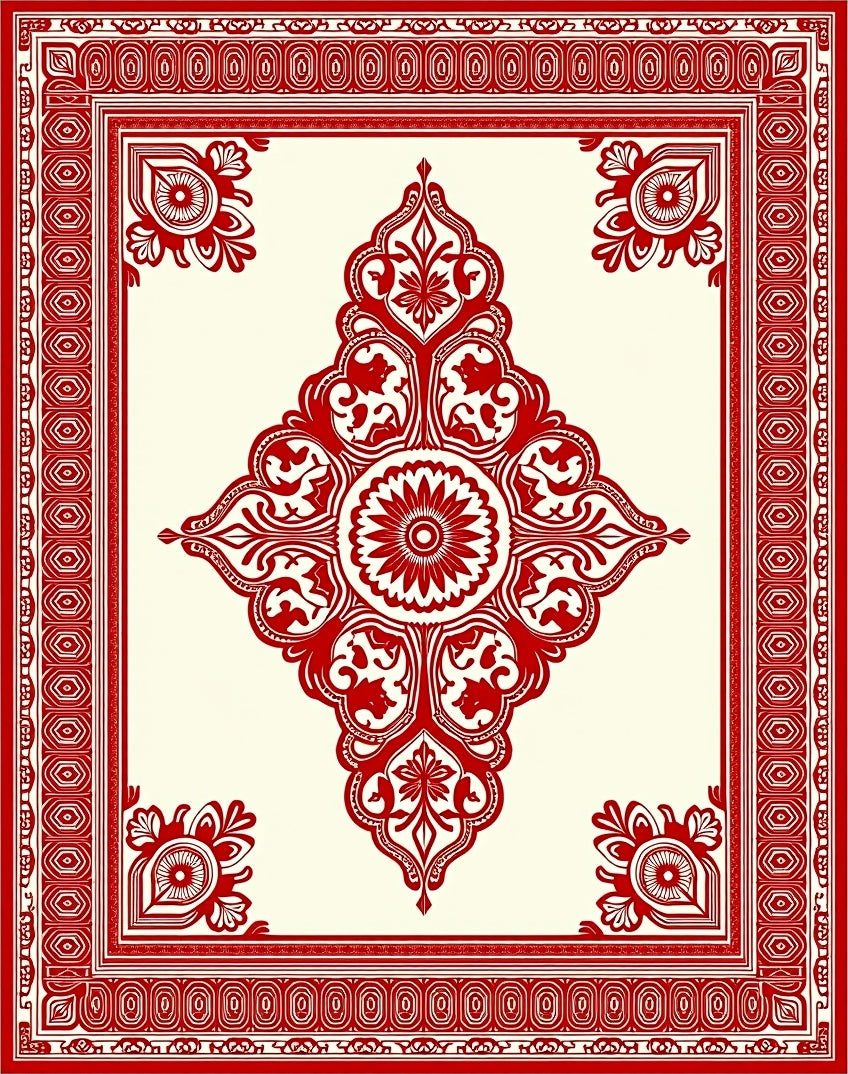 Crimson Red Floral Medallion Frame Rug