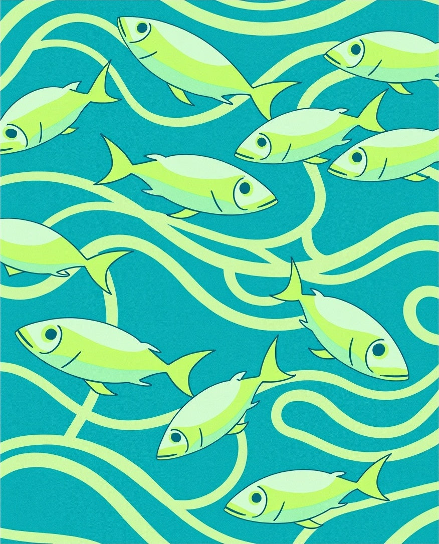 Teal Aquatic Fish School Swirl Rug