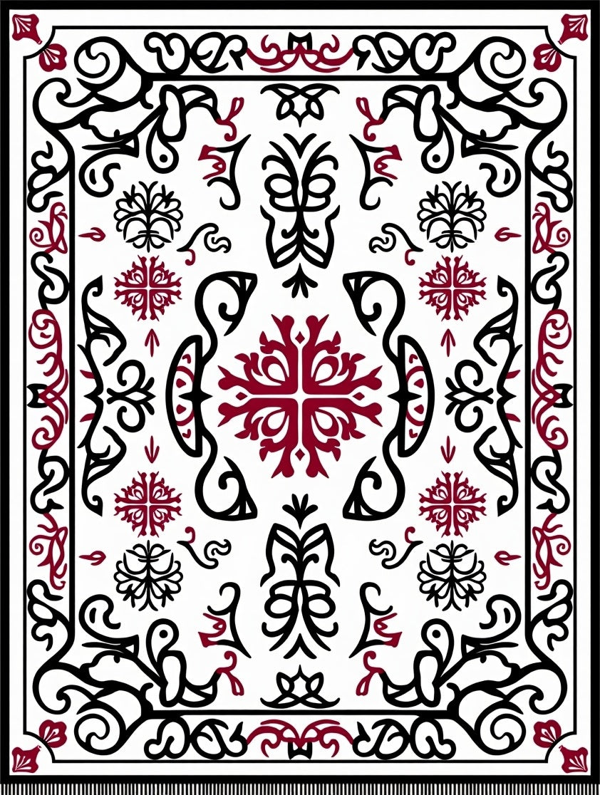 Black Red Scrollwork Vintage Medallion Rug