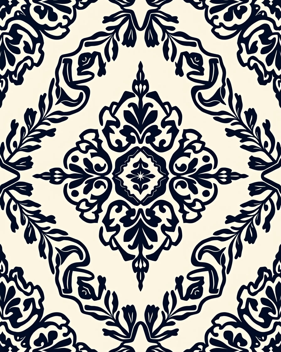 Dark Damask Floral Ivory Medallion Rug