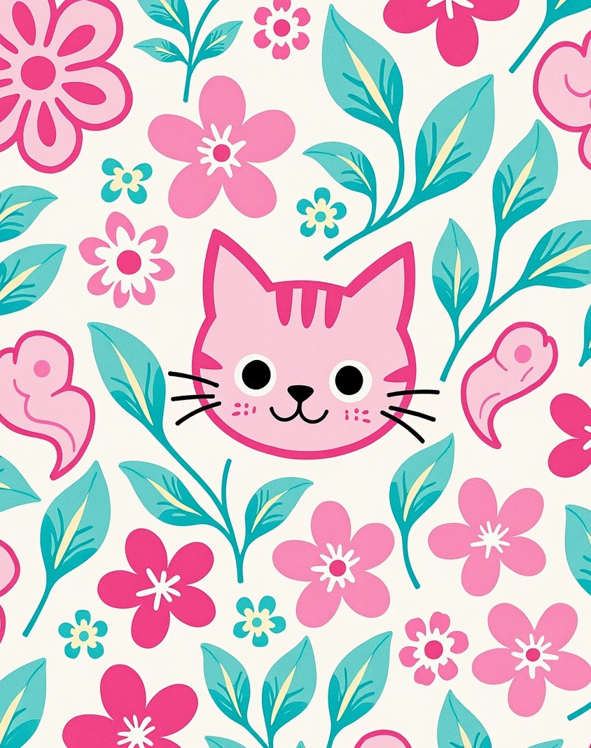 Pink Kitty Flower Garden Rug
