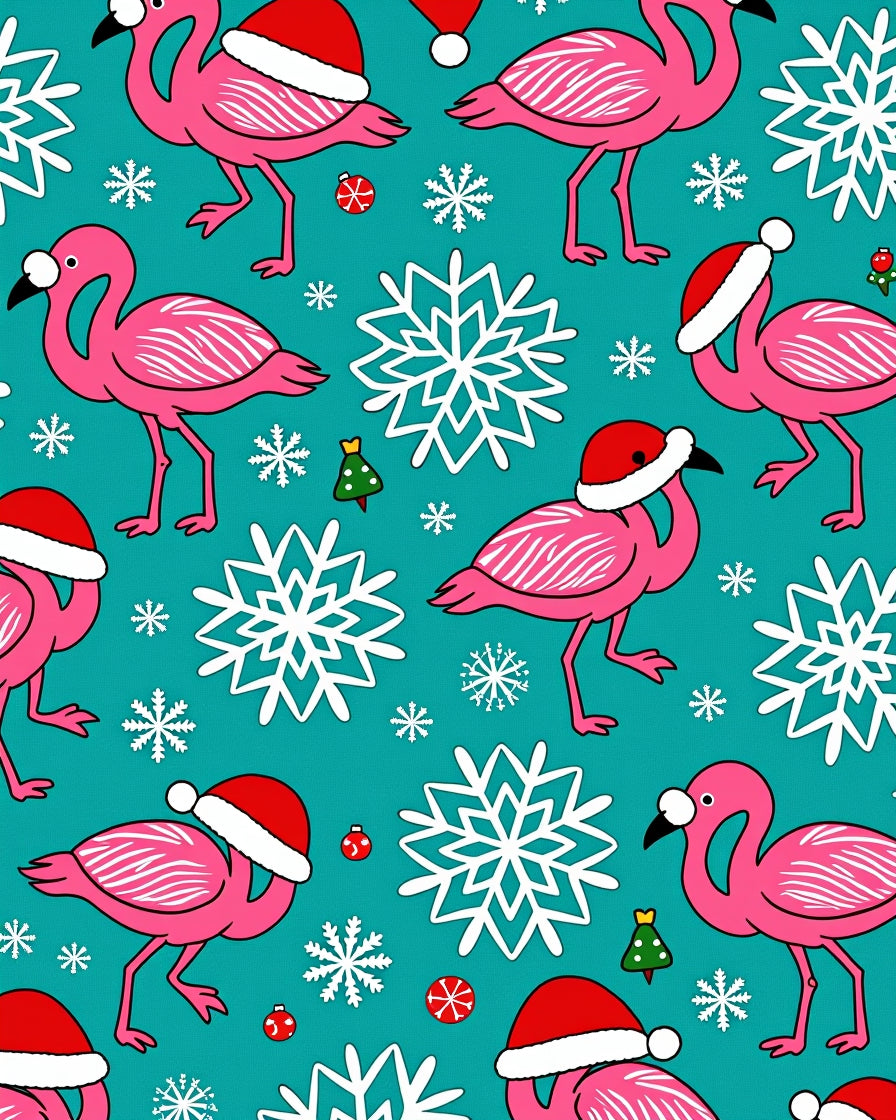 Pink Flamingo Santa Hat Snowflakes Holiday Rug