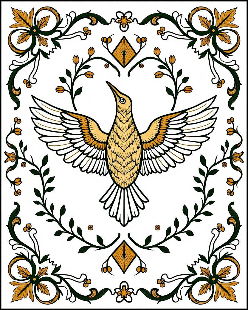 Golden Bird and Greenery Border Rug