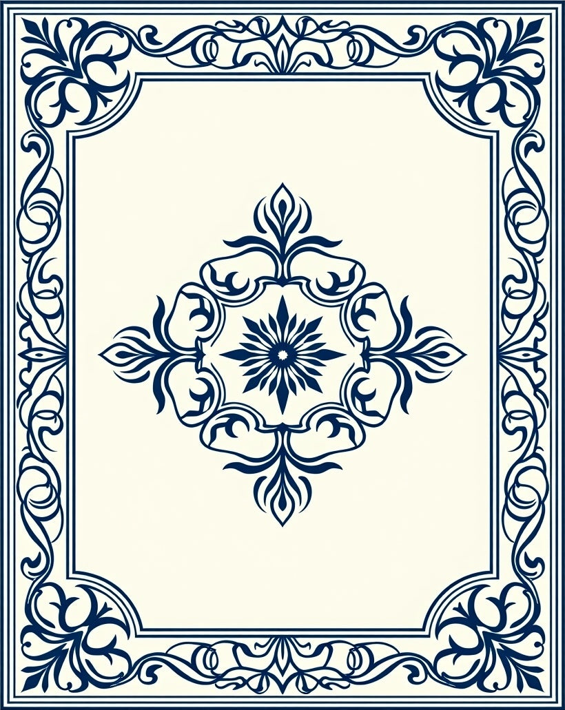 Deep Navy Floral Ornament Border Rug
