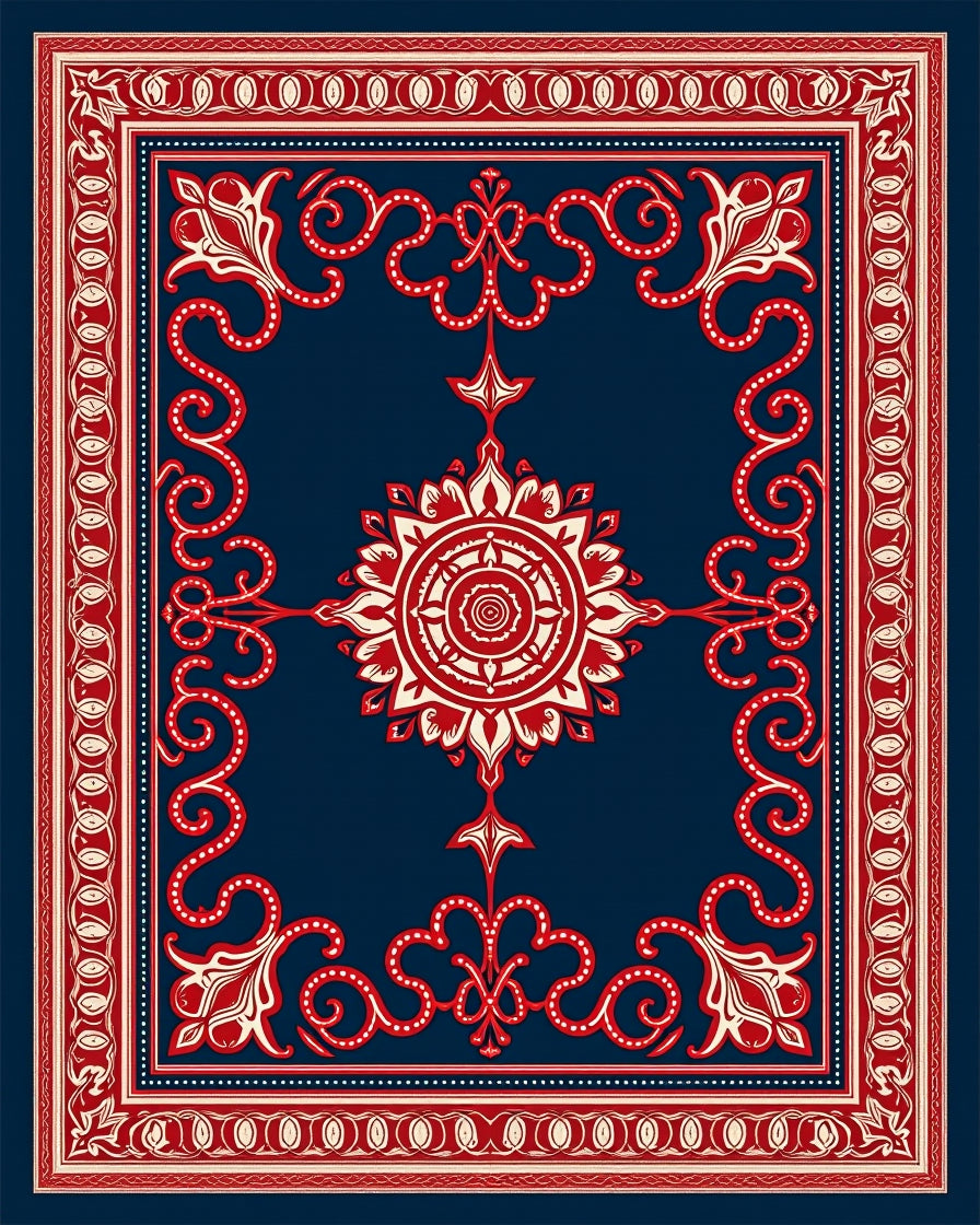 Deep Blue Red Floral Medallion Rug