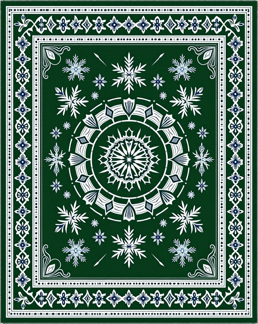 Emerald Snowflakes Mandala Frame Rug