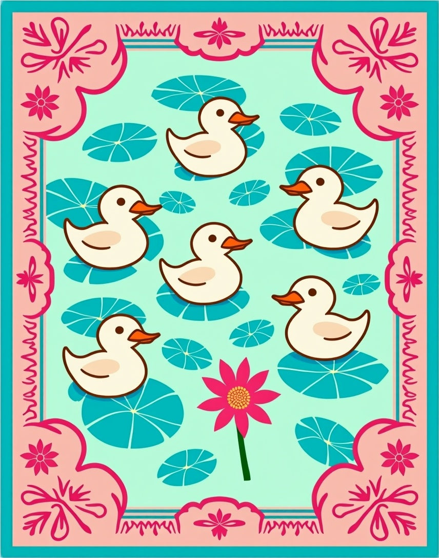 Quirky Ducklings Teal Lotus Pond Rug