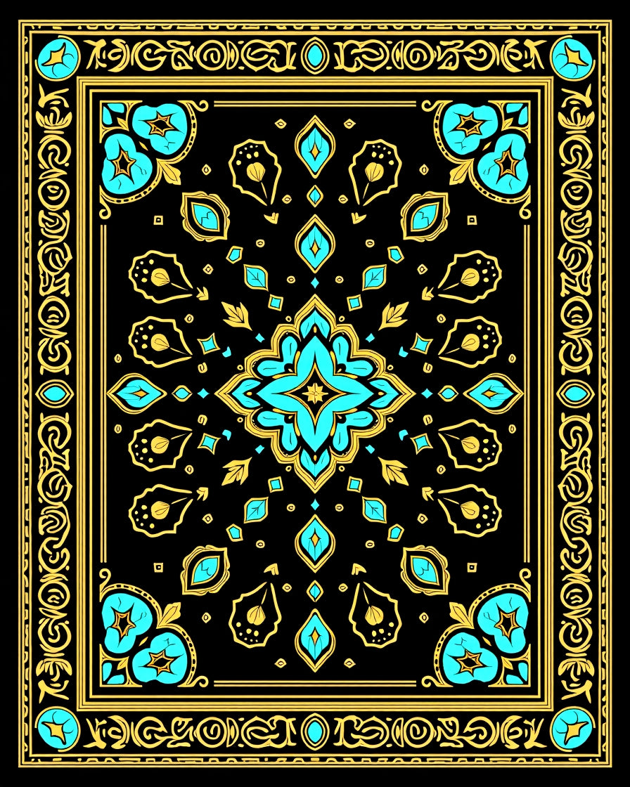 Black Turquoise Gold Floral Border Rug