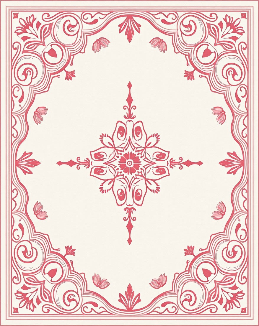 Coral Red Floral Scroll Medallion Rug