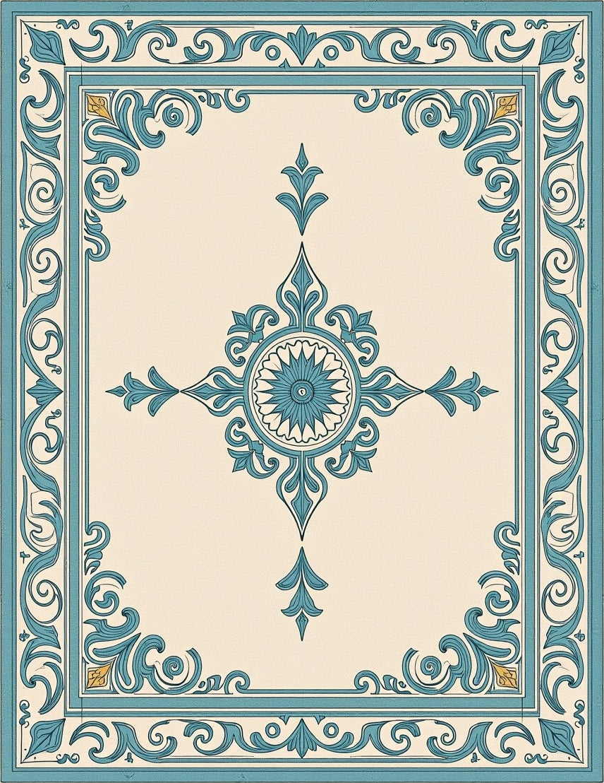 Elegant Teal Floral Medallion Border Rug