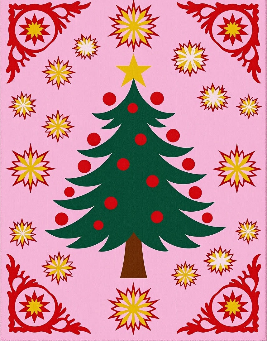 Festive Pink Christmas Tree Starburst Rug