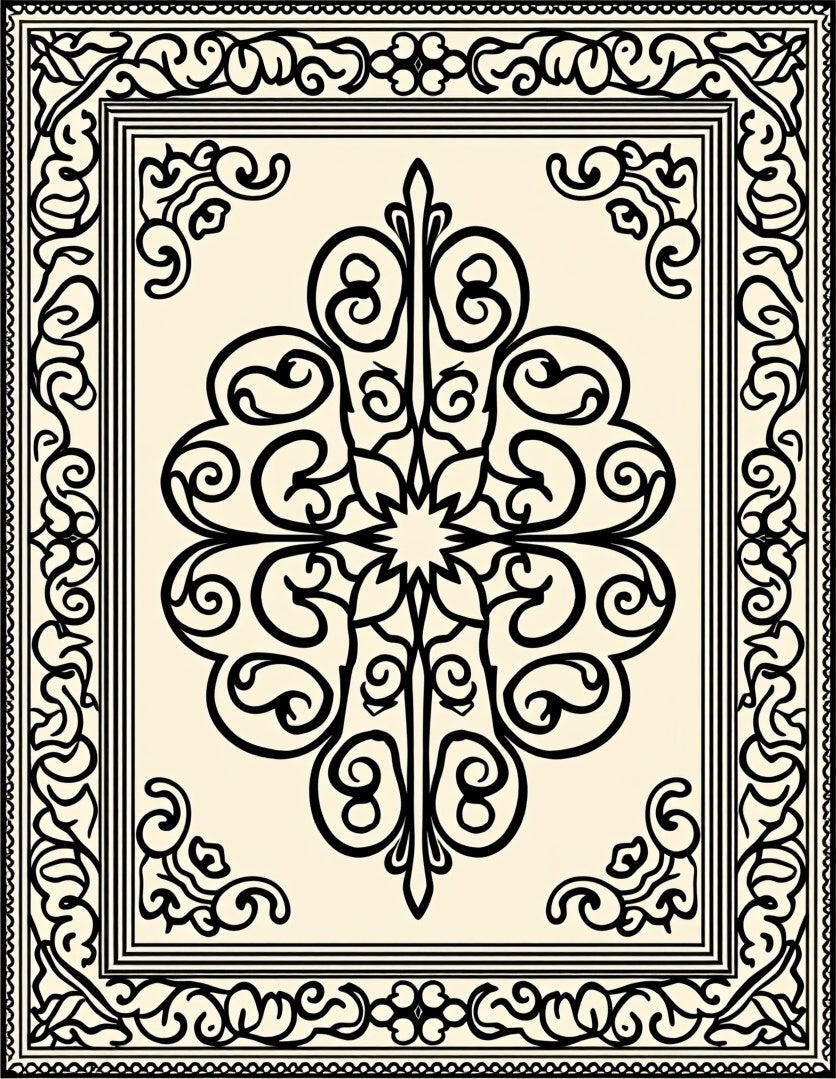 Ornate Ivory Black Scrollwork Medallion Rug