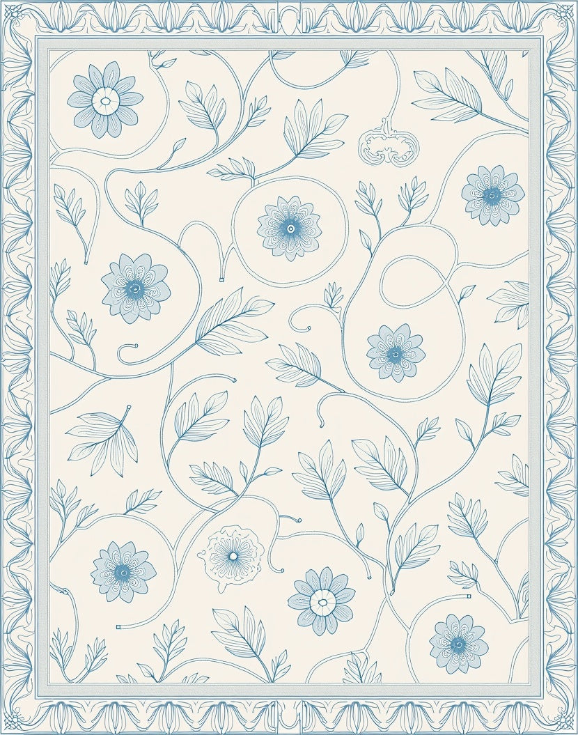 Vintage Blue Floral Scroll Medallion Rug