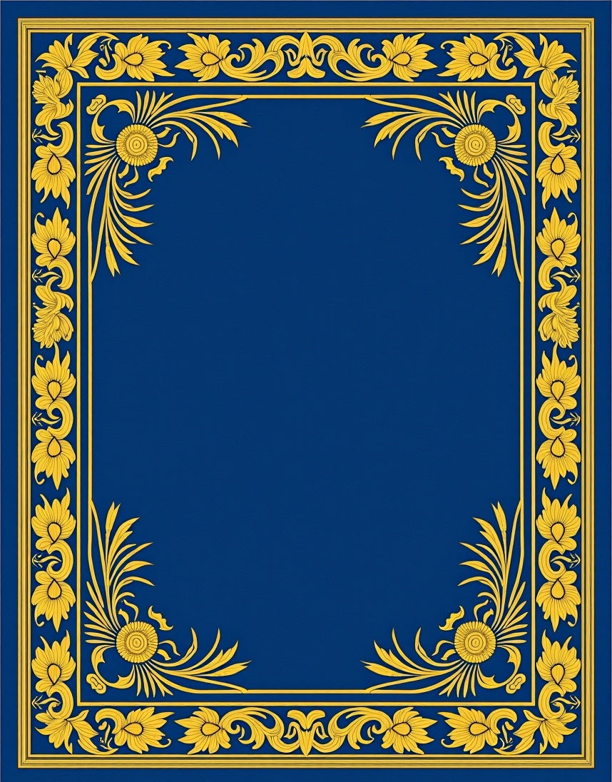 Royal Blue Golden Floral Scroll Frame Rug