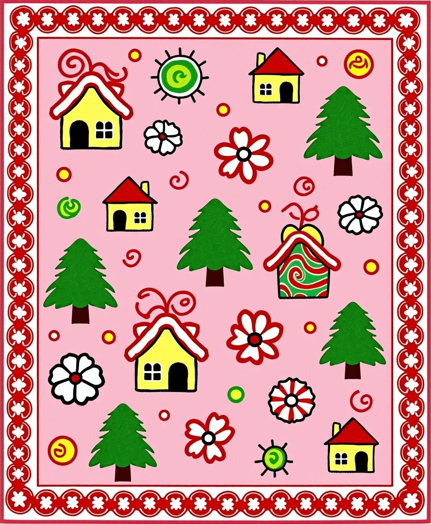 Whimsical Pink Village Fantasy Folk Art Rug