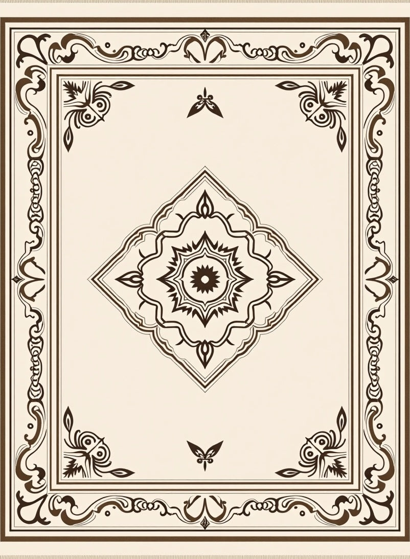 Cream and Brown Medallion Border Rug