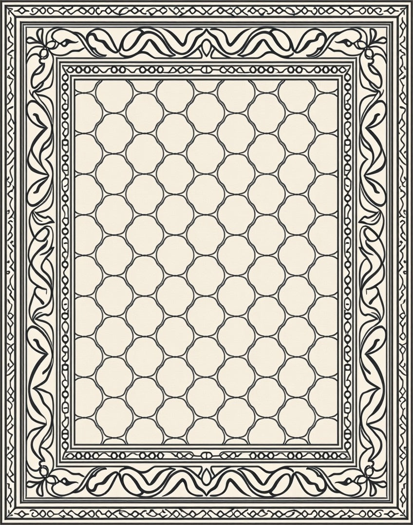 Cream and Black Quatrefoil Border Rug