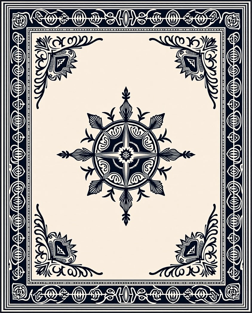 Ornate Dark Blue Medallion Square Rug