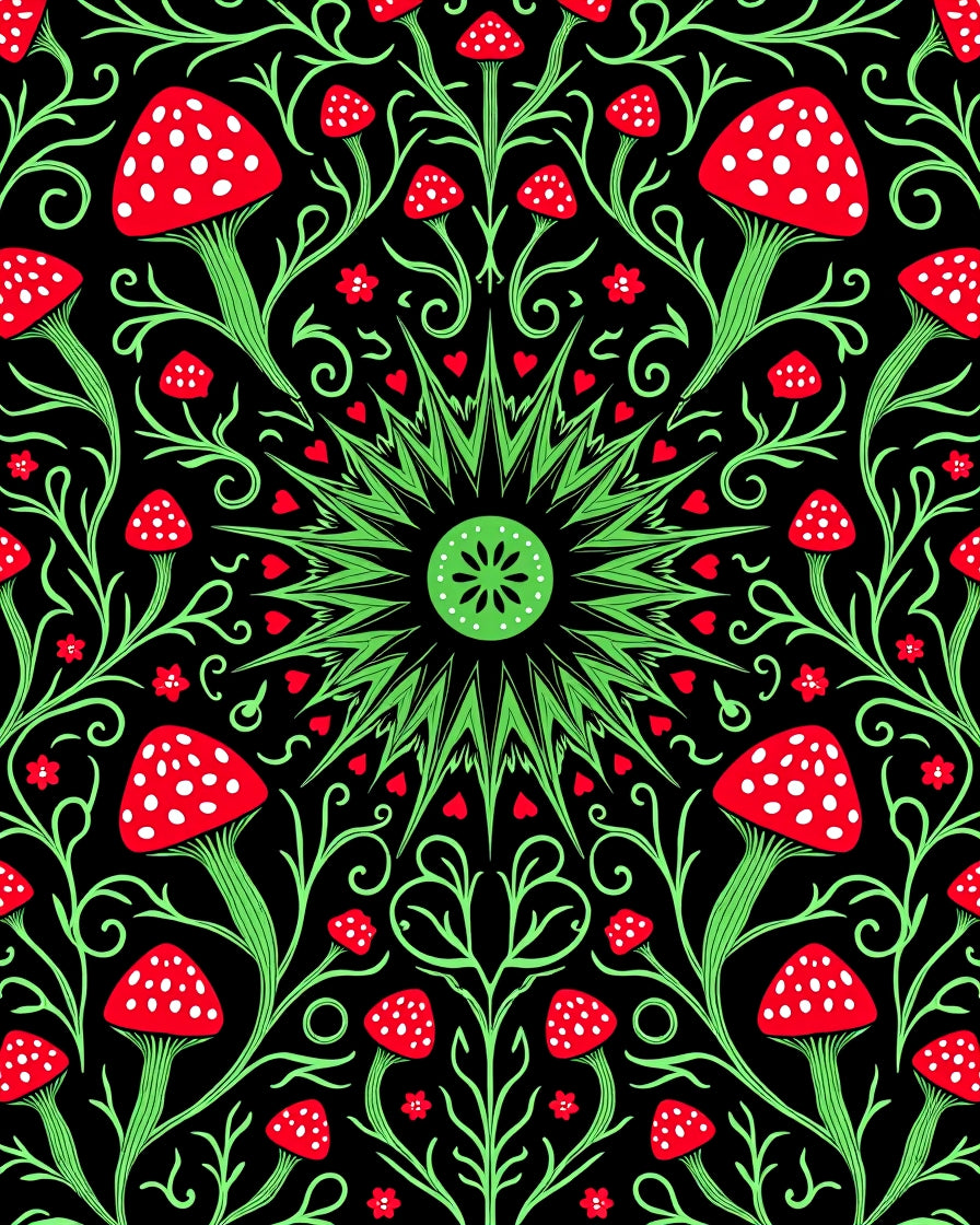 Red Mushroom Floral Vine Mandala Rug