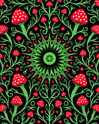 Red Mushroom Floral Vine Mandala Rug