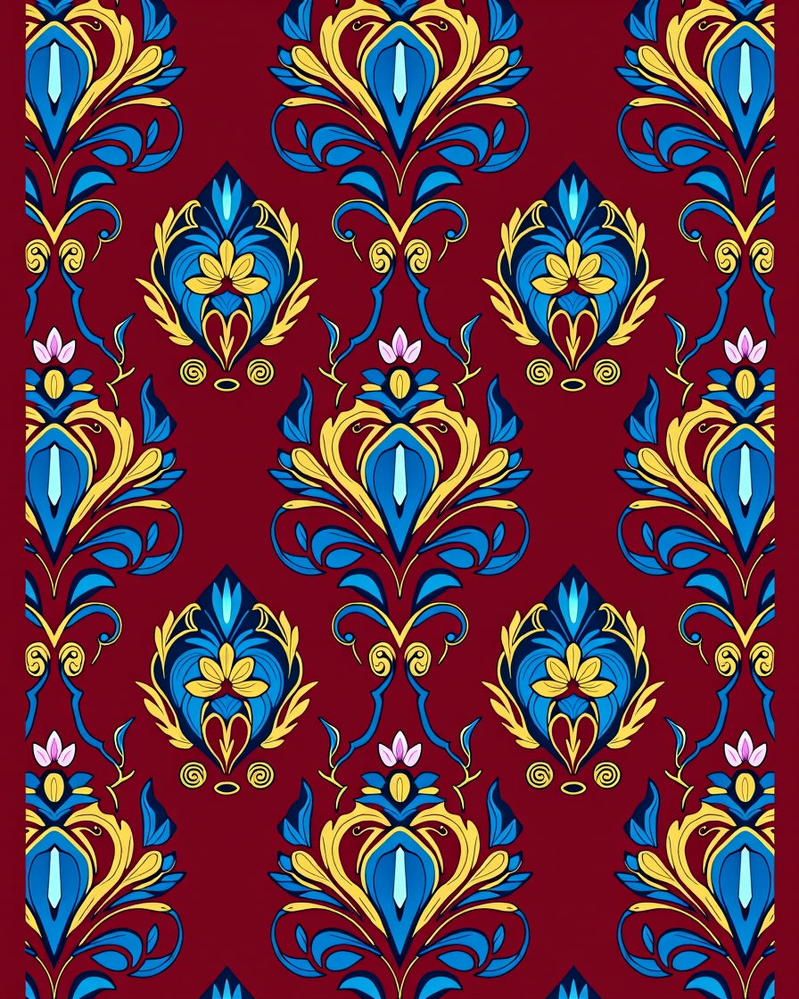 Crimson Blue Yellow Damask Floral Rug