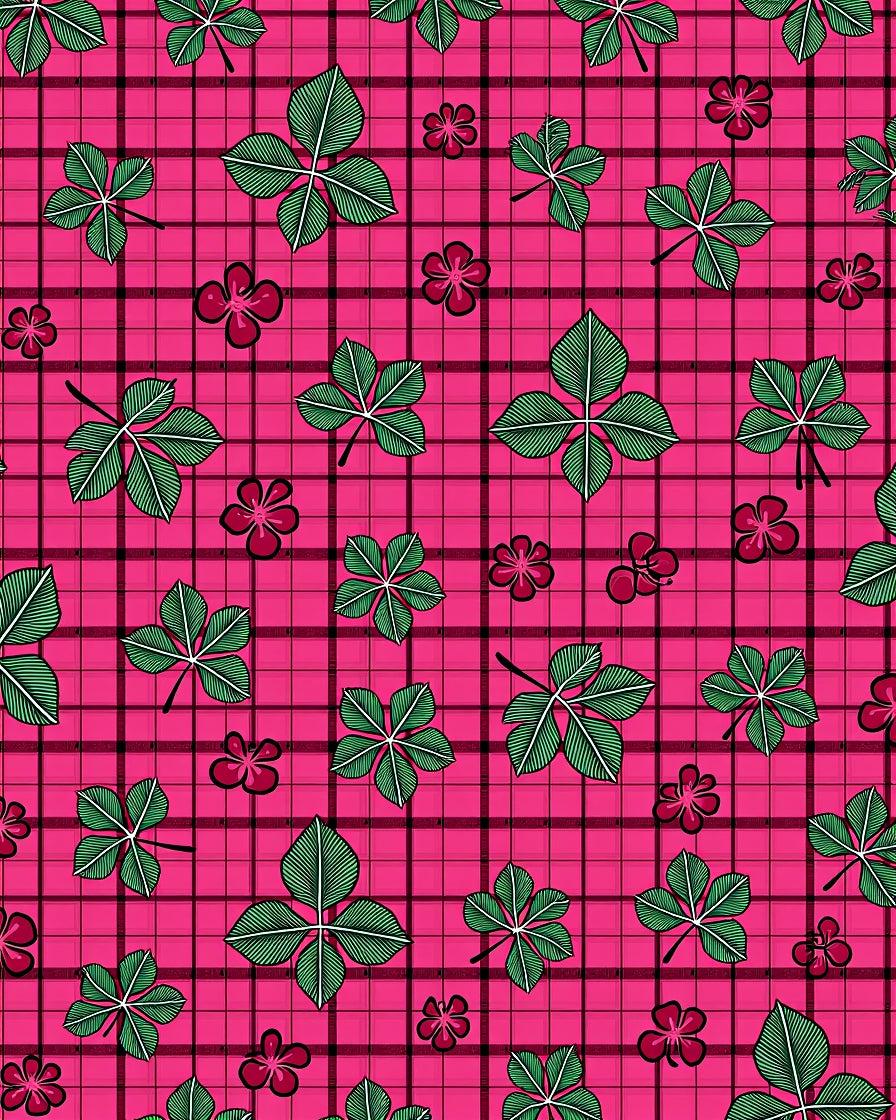 Pink Plaid Green Leaf Floral Rug