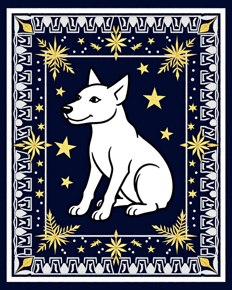 White Dog Golden Stars Navy Border Rug