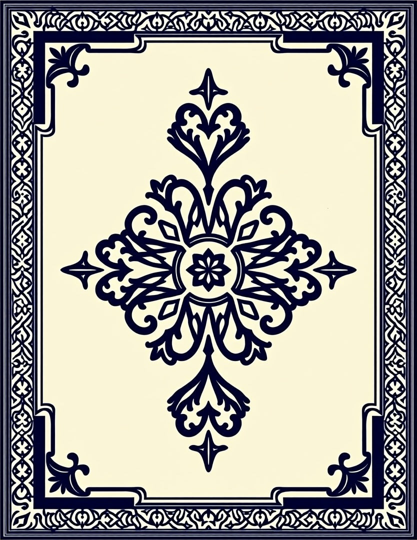 Navy Floral Medallion Ivory Geometric Frame Rug