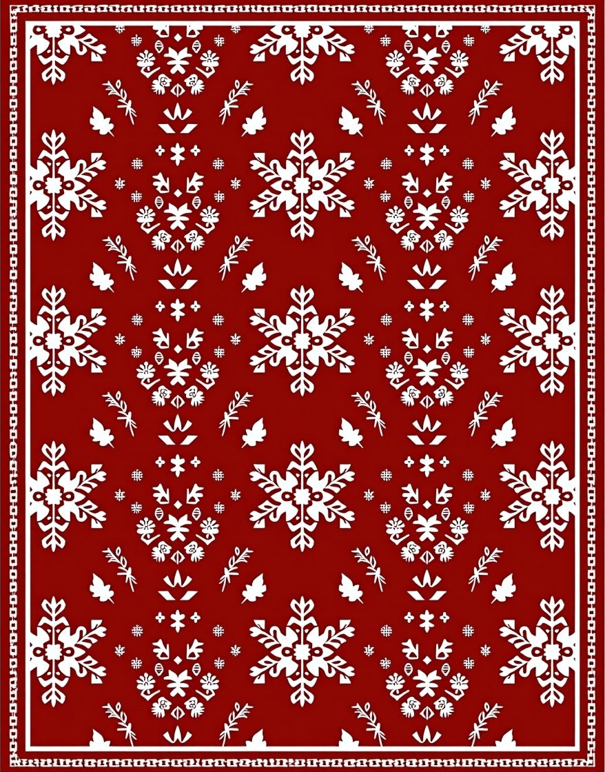 Crimson White Snowflake Folk Art Rug