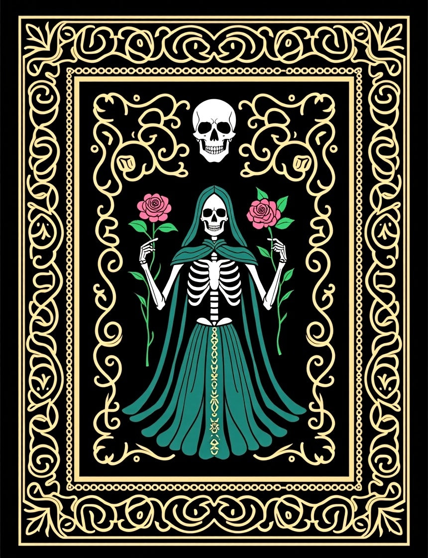 Grim Reaper Teal Roses Black Frame Rug