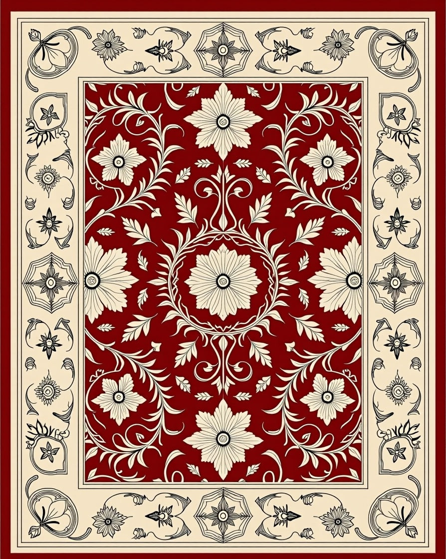 Crimson Blossom Scrollwork Border Rug
