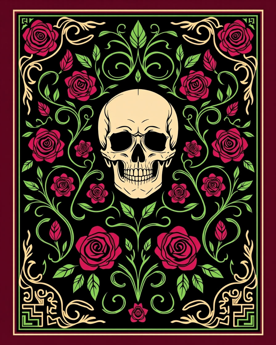 Crimson Rose Skull Floral Victorian Rug