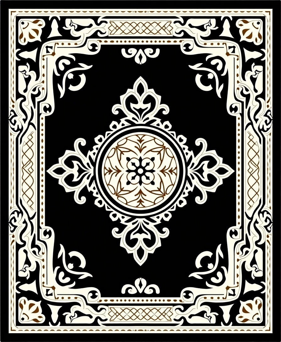 Ornate Black and Cream Medallion Frame Rug
