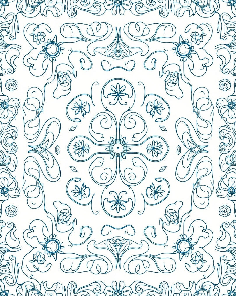 Cyan Floral Scrollwork Symmetry Rug