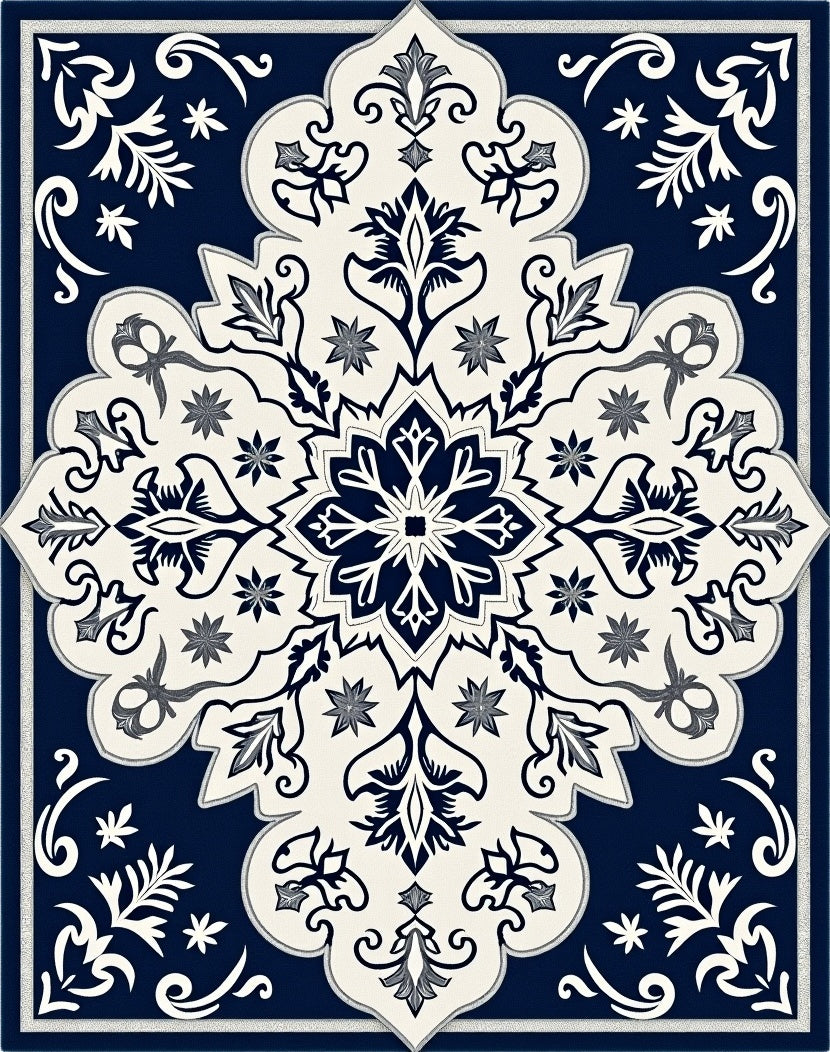 Elegant Navy Cream Floral Medallion Rug