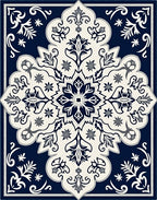 Elegant Navy Cream Floral Medallion Rug