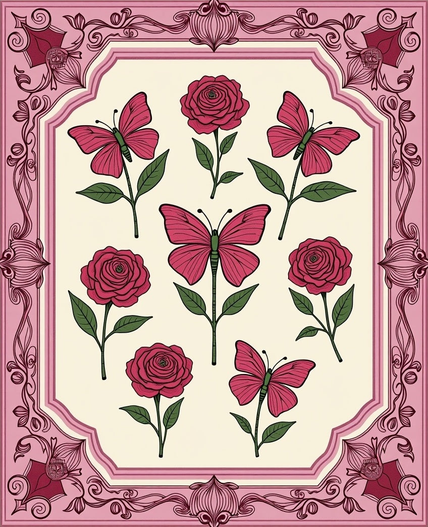 Pink Roses Butterflies Floral Garden Border Rug