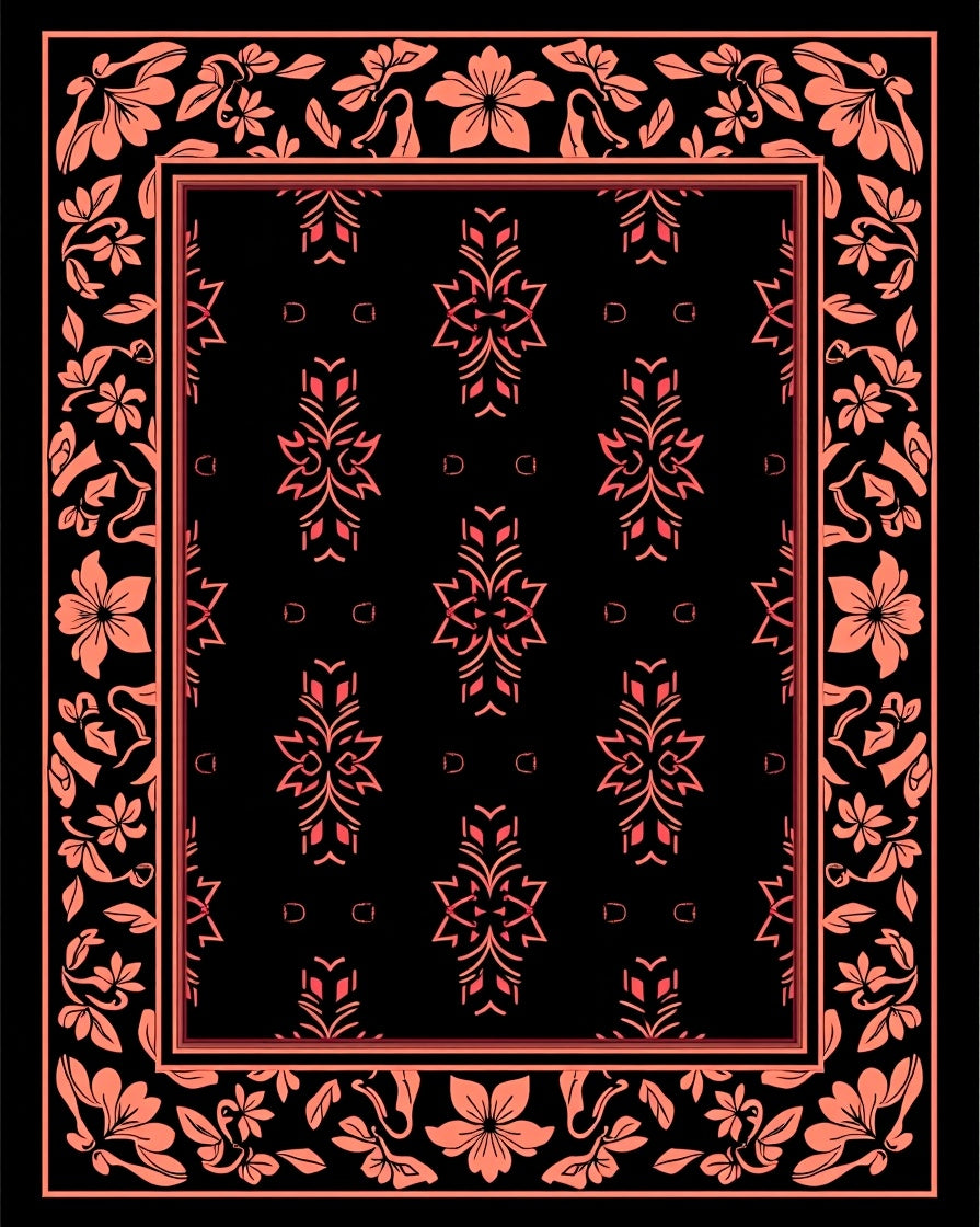 Coral Floral Bordered Black Rug